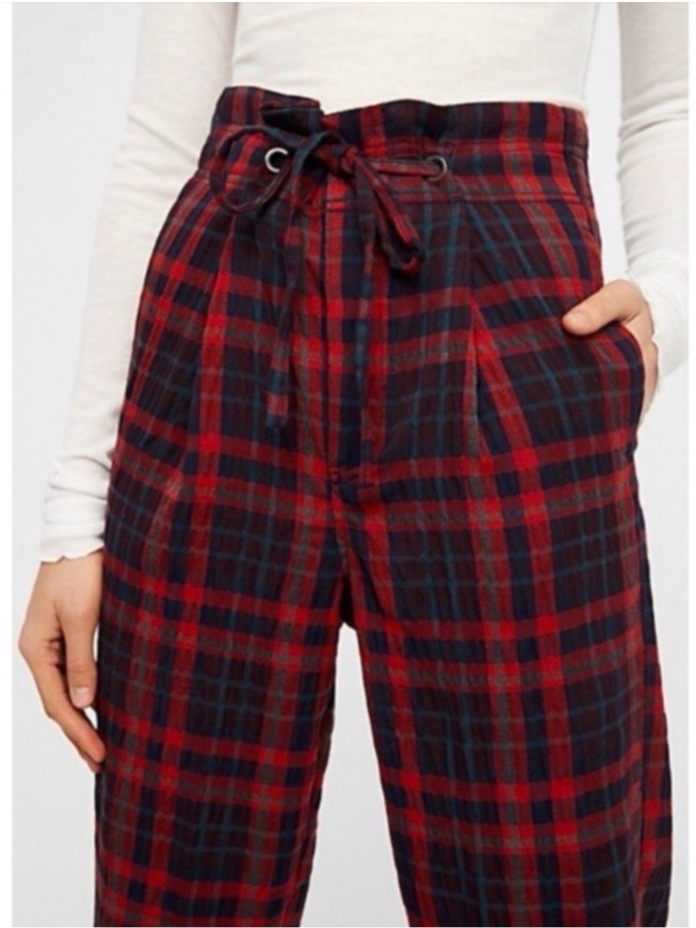 Free People Here and There Plaid Tartan Paperbag Pants Size 10 - Picture 4 of 5